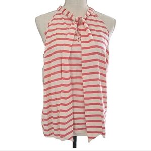 J.Crew 100% Silk Blouse Size 10 Coral White Stripe Sleeveless Tie Neck Top